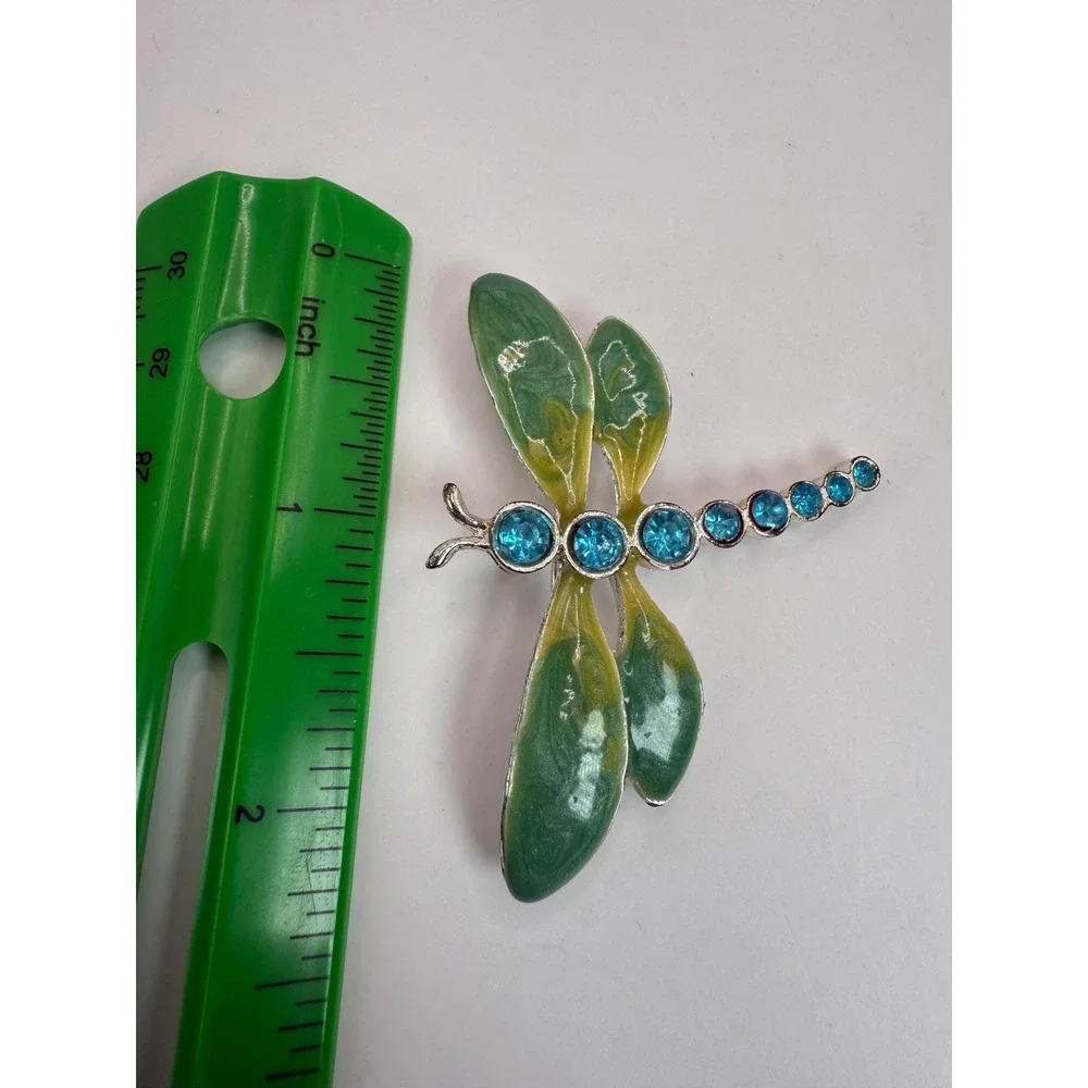 Vintage TC Dragonfly Brooch‎ – Green Enamel Wings Blue Rhinestone Body